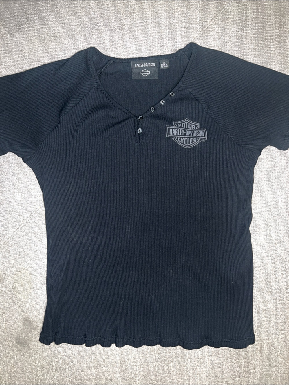 Harley-Davidson Black Ribbed Short Sleeved Top with Button Placket